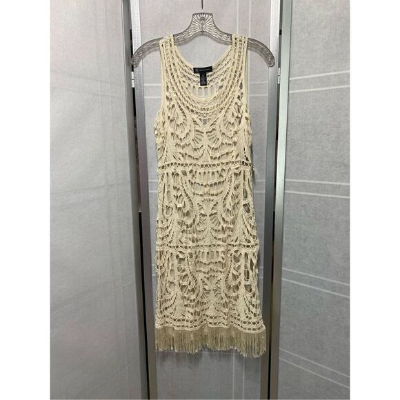 INC NEW $140 Birch Tree Sz 8 Tan Knit Under Slip Fringe Cotton - Picture 2 of 11